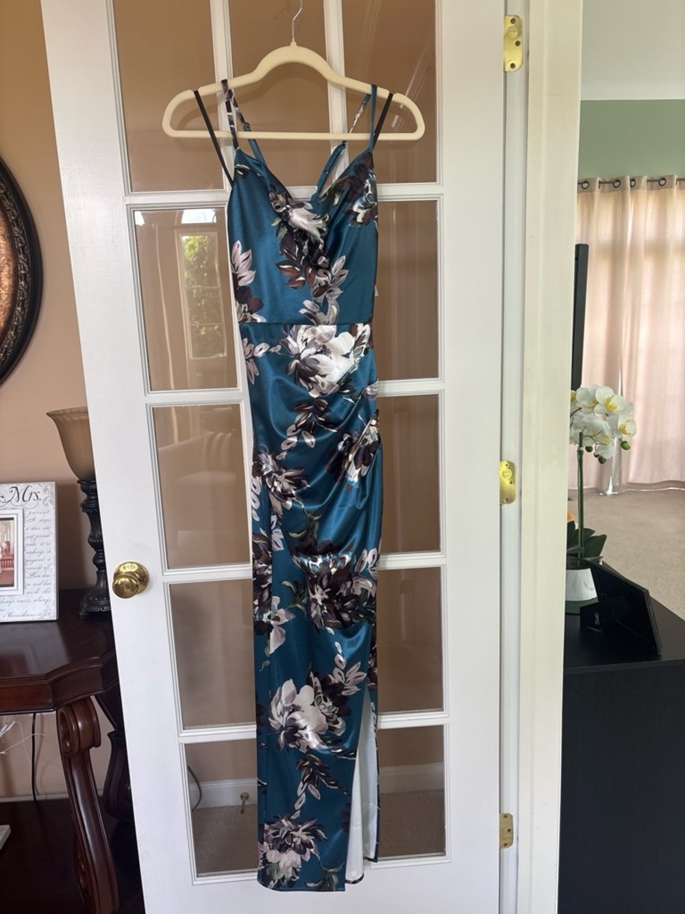 Teal Floral Satin Slip Dress with Slit